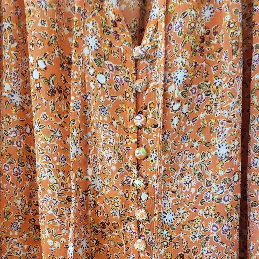 Free People Lela Flowy Boho Top SM Fairy Peasant Sheer Oversized Floral Women‎